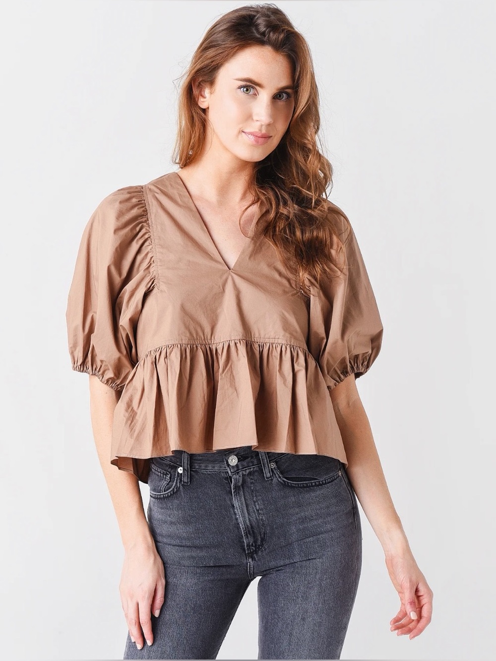 HUNTER BELL Tan V-Neck Puff Sleeve Peplum Blouse